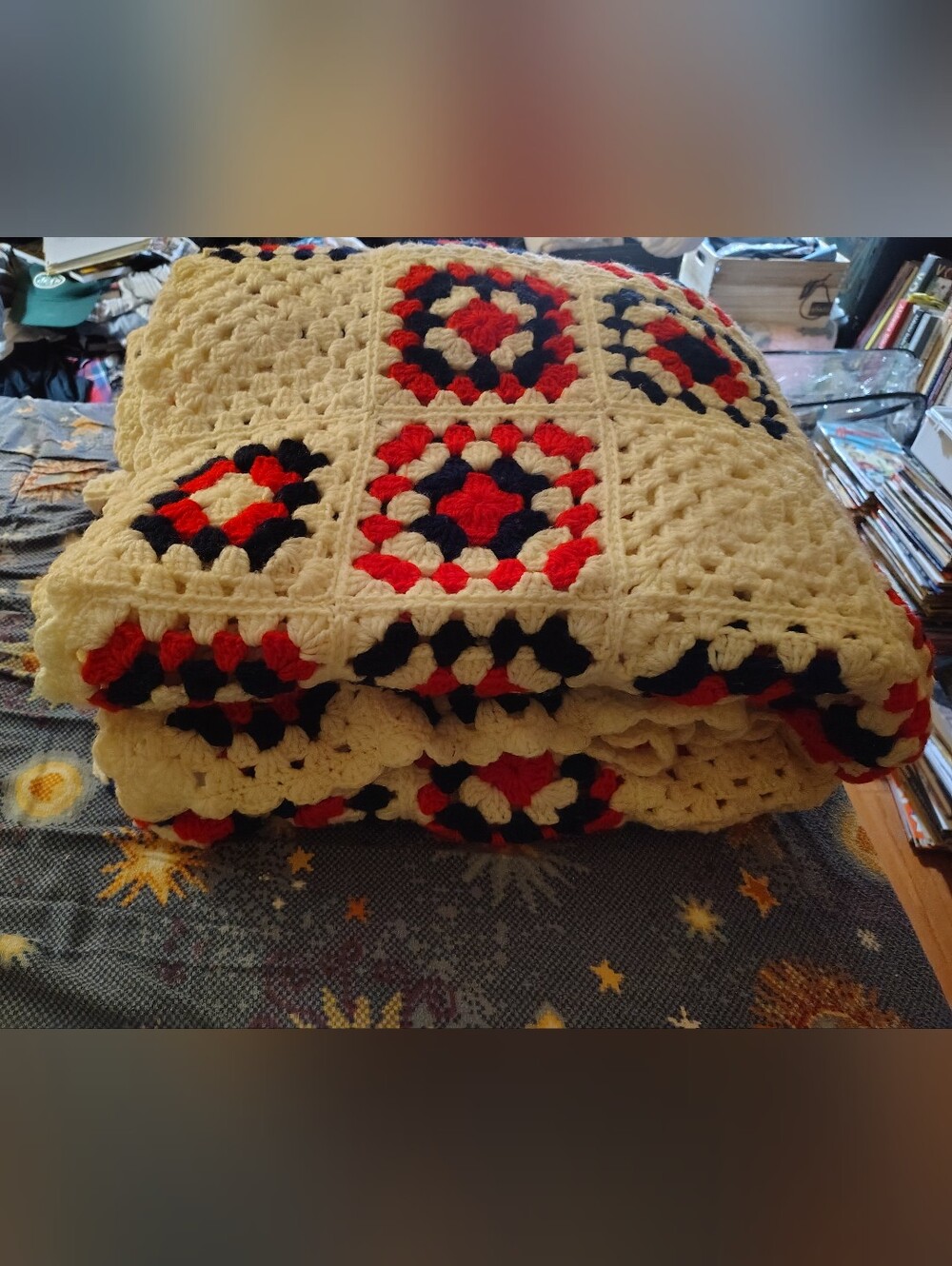 Vintage Handmade Crochet Afghan Comforter In Red, White And Navy